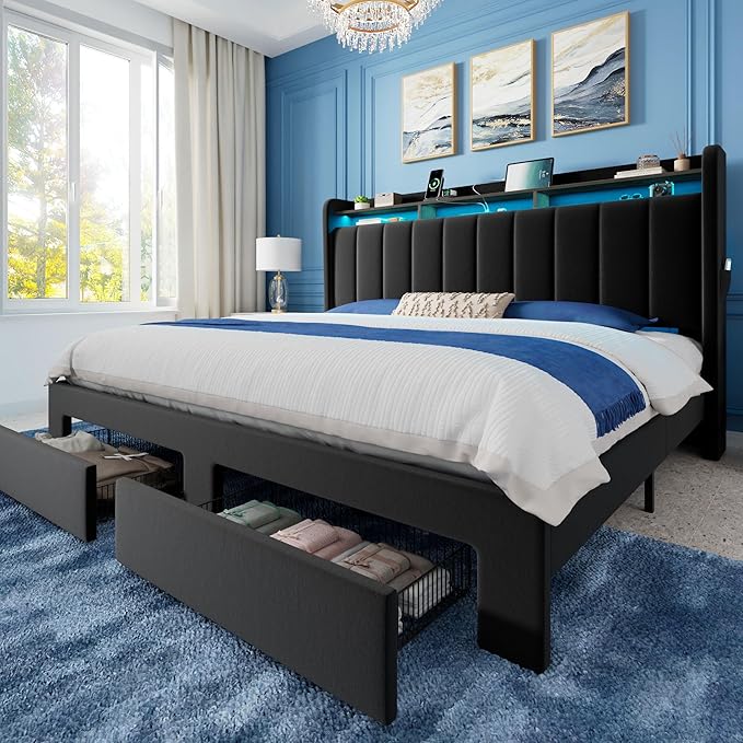 Allewie Velvet Vertical Tufted King Size Upholstered Platform Bed Frame with 2-Tier LED Storage Headboard & 2 Storage Drawers, USB & Type-C Charging Ports, Noise-Free/No Box Spring Needed, Black