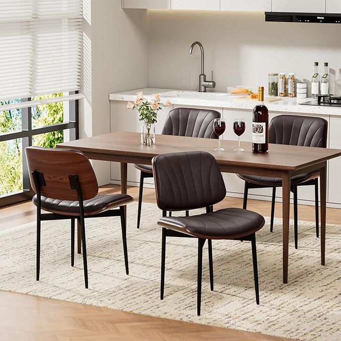 Dining Chairs Set of 4, Mid-Century Modern Upholstered PU Leather Chairs with Walnut Bentwood Back and Metal Legs Adjustable Feet for Kitchen Dining Room, Dark Brown Shell Strips