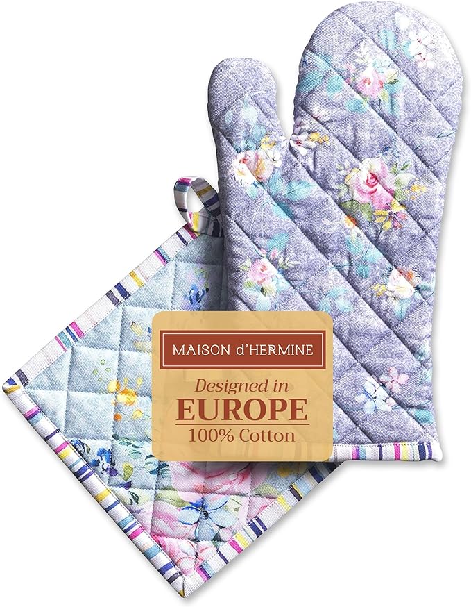 Maison d' Hermine 100% Cotton Oven Mitt & Pot Holder Set (7.5"x13" & 8"x8") Heat Resistant BBQ Cooking Gloves with Loop, Grilling, Kitchen, Handling Hot Pans Spring/Summer (Sweet Rose Lavender - Lush)