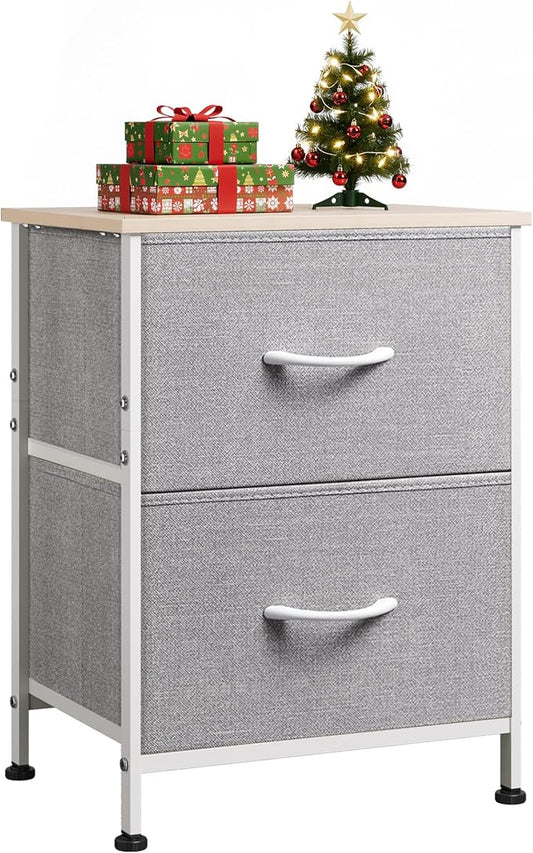 WLIVE Night Stand, Gray Nightstand with 2 Fabric Drawers, Small Dresser for Bedroom, Closet, College Dorm, End Table Side Furniture, Wood Top, Light Grey