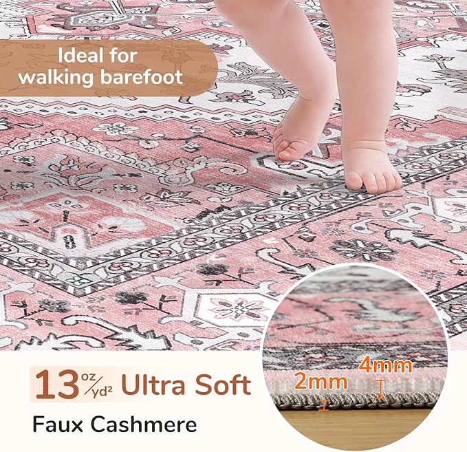 OPPODREAM Thin Area Rugs 3x5, Washable Rugs with Non Slip Backing, Low-Pile Throw 3x5 Carpet, Faux Cashmere 3 x 5 Carpet, Pink & Cream