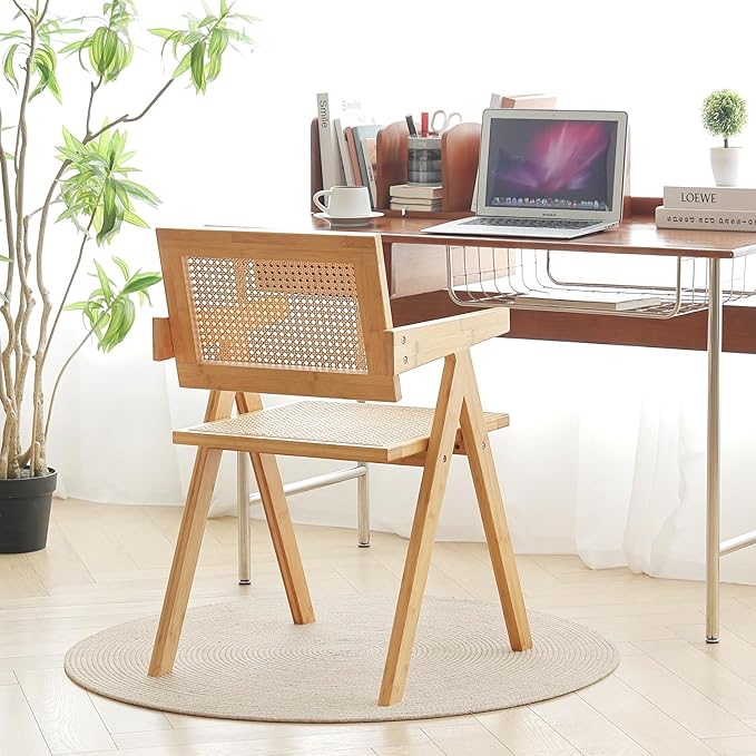 Tiita Rattan Accent Chairs, Mid Century Modern Dining Chairs Set of 2, Bamboo Living Room Chair for Reading Room Dining Kitchen, Wood
