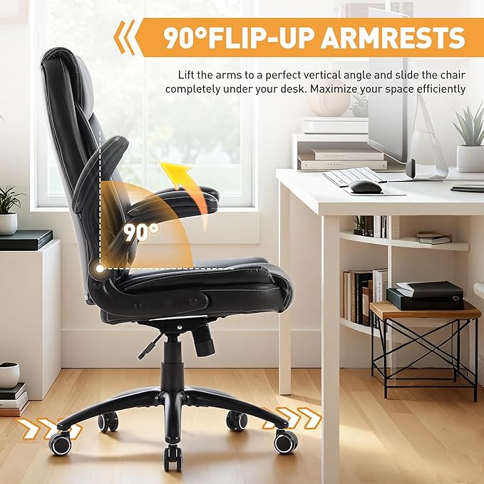 Ergonomic PU Leather Office Chair with Flip-Up Armrests, Reclining Backrest, Adjustable Height & Tilt Tension, Thick Padded Seat, Breathable Leather, 300LBS Capacity Executive Desk Chair,Black
