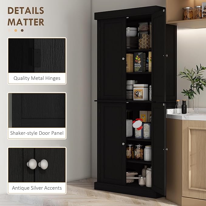 HOMCOM 72.5" Freestanding Kitchen Pantry Cabinet, Tall Storage Cabinet with 4 Doors and 2 Adjustable Shelves for Dining Room, Black Wood Grain