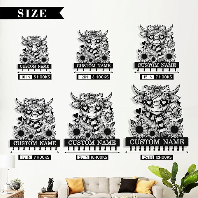 Personalized Highland Cow Key Holder Wall Mount, Custom Metal Key Holder for Wall with Name, Custom Keys Rack Hanger with Hooks for Entryway, Front Door, Hallway, Living Room, Kitchen