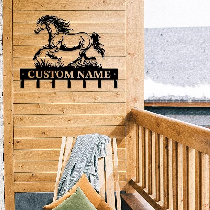 Personalized Custom Name Farm Horse Wall Key Hooks,Metal Horse Art Clothes Hooks,Metal Horse Wall Home Storage Decorative,For Front Door, Hallway, Kitchen, Bedroom,Keys,Hats (Style E)