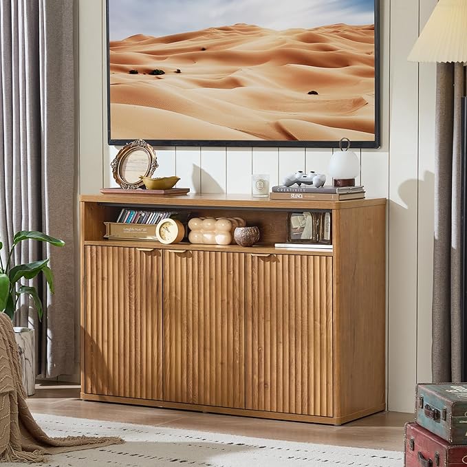 LEYAOYAO Fluted Buffet Cabinet with Storage, 45" Wide Modern Sideboard Credenza with 3 Doors & Open Storage Shelf, Wood Kitchen Console Accent Cabinets, Coffee Bar Table for Dining Room, Tea Brown