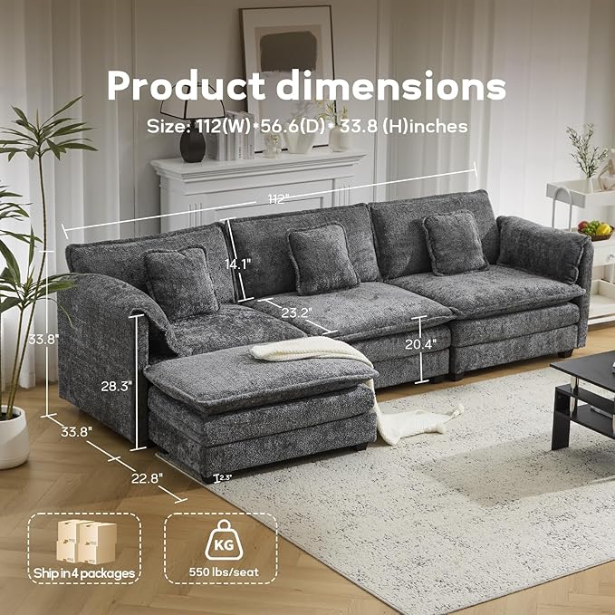 112" Modular Sectional Sofa with Movable Ottoman, L Shaped Couches for Living Room, 3 Seater Comfy Cloud Couch with Removable Cover, Armrest Pillow (Grey)