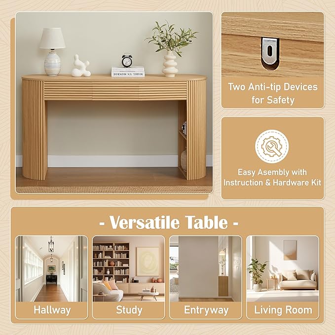 Merax Modern Retro Entryway Table, Rounded Console Table with3 Drawers and Open Hidden Storage for Living Room, Hallway and Office, Nature