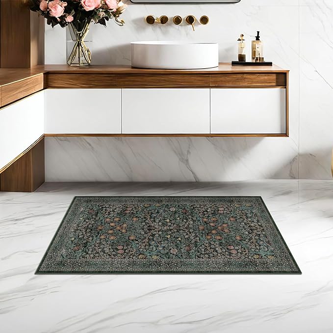 Dark Green 2x4 Rug Runner, Entryway Rugs, Small Runners for Kitchen, Door Mat Indoor Entrance, Bathroom, Non-Slip Low-Pile Washable Stain Resistant, Vintage Floral Design