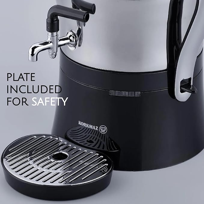 Korkmaz Caykolik A842-01 Stainless Steel Samovar, Upper Pot 1.3 L (43.9 Oz), Bottom Pot 3 L (101.4 Oz) Electric Turkish Tea Maker Set, Double Pots, Inox, Chrome, Black 110 V US Plug, 4.5- Quart