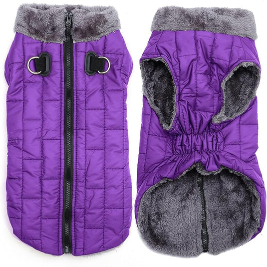 Warm Fleece Dog Coats with Durable Harness Buitl in D-Ring,Waterproof Doggie Jacket for Large Dogs,Dog Vest for Cold Winter,Purple XXXL
