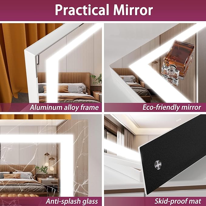 Hasipu Vanity Mirror with Lights, 24.2" x 19.7" LED Makeup Mirror, Light up Mirror with 10X Magnification and USB, Phone Holder, Smart Touch 3 Colors Dimmable, 360° Rotation (Right Angle White)