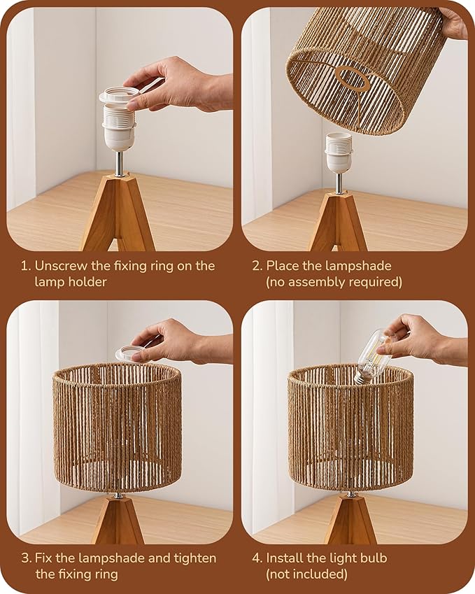 EDISHINE Small Rattan Table Lamp, Wood Tripod Bedside Lamp, Boho Nightstand Lamp for Living Room, End Table, Office, E26 Base, Natural Style