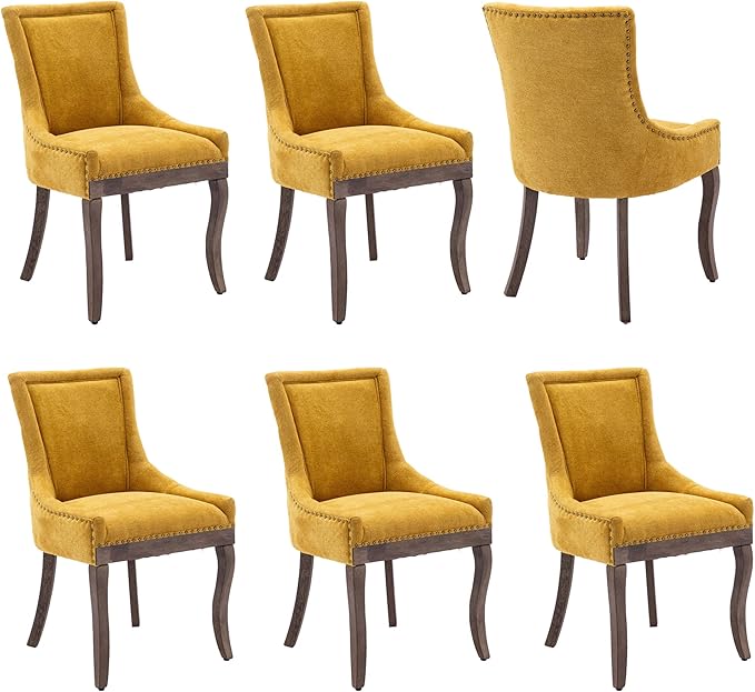 Farmhouse Dining Chairs Set of 6, Upholstered Fabric Dining Room Accent Chairs with Wood Legs & Bronze Nailhead, High Wingback Kitchen Chairs for Living Room Hotel Apartment, Golden Yellow