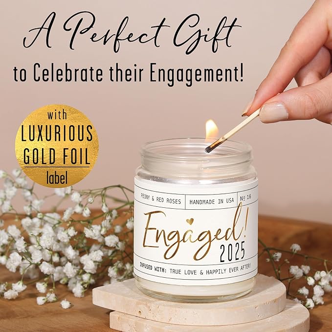 Engagement Gift, Engagement Gifts for Couples -'Engaged 2025' Candle, w/Peony & Rose Wedding Bouquet I Fiance Gifts for Women I Engaged Gift for Her I 50Hr Burn, USA Made