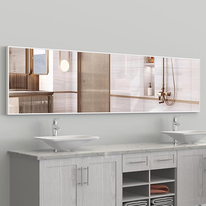 ANYHI Over The Door Mirror, 47" x 12" White Door Mirror Full Lenth, 2 Hooks, Door Mount or Wall Mount, for Bedroom, Living Room, Bathroom