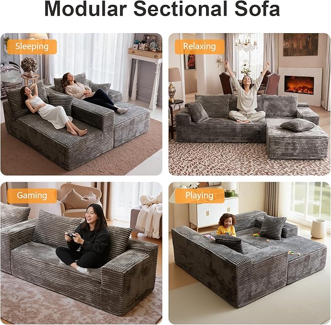 106'' Boneless Couches for Living Room, L Shaped Modular Sectional Sofa with Chaise Lounge, Faux Rabbit Fur & Layered Cushion Deep Seat Cloud Couch, No Assembly (Light Coffee, Right Facing Chaise)