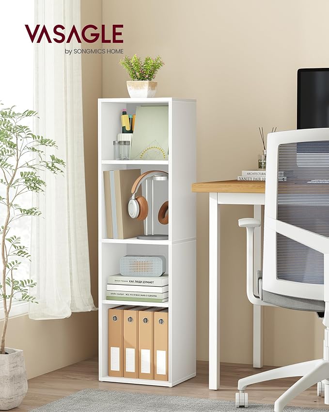 VASAGLE Custos Collection - Bookshelf, 4-Tier Bookcase, Book Shelf, Open Storage Shelf, 9.4 x 11.8 x 41.7 Inches, for Living Room, Home Office, Dining Room, Cloud White ULBC434W01