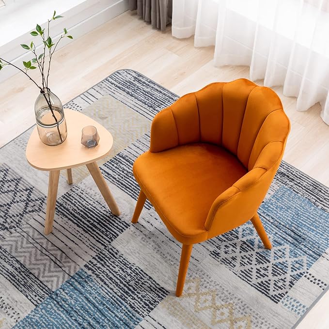 Velvet Dining Chairs Set of 4 Modern Living Room Chairs with Petal Back & Wood Legs Comfy Upholstered Side Chair for Dining Room/Bedroom/Vanity, Orange