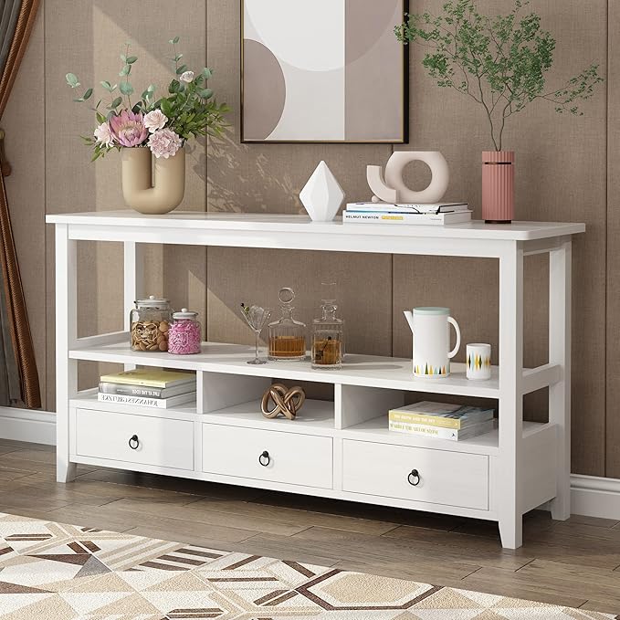 Karl home Console Table with 3 Bottom Drawers, 57.9" W Sofa Side Table Entryway Desk with 3 Storage Cubbies 1 Open Shelf, Vintage TV Stand for Hallway Living Room Office, White 29.9" H
