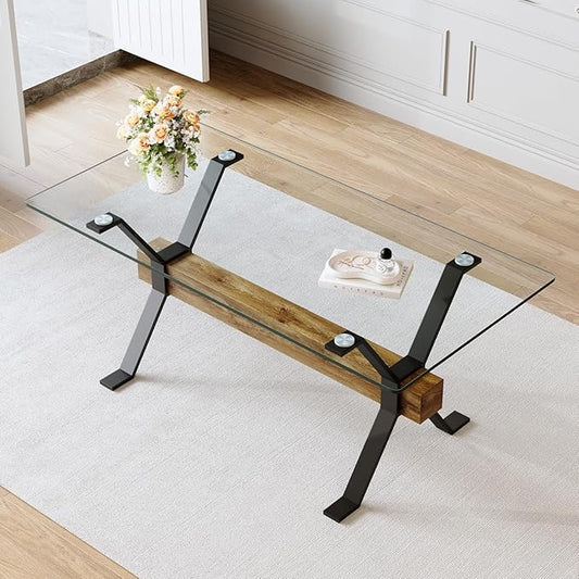 Glass Dining Table 71"｜Modern Dining Table for 6-8｜0.4" Thick Tempered Glass Top｜Matte Black Metal Legs｜Wooden Crossbar｜Easy Assembly｜Perfect for Dining Room or Kitchen