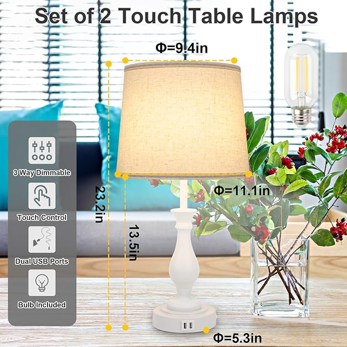 Farmhouse Table Lamp Touch Control 3-Way Dimmable Table Lamp, Modern Nightstand Lamp with 2 USB Port Bedside Desk Lamp with Fabric Shade for Living Room Bedroom Hotel (Pack 1-Off White)