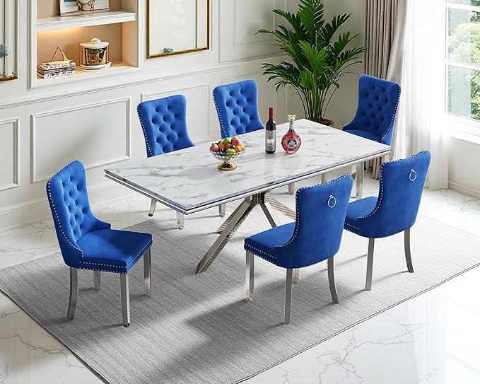 Goujxcy Luxury Dining Table Set for 6 Modern 7 Piece Faux Marble Dining Table Set with 6 Tufted Upholstered Chairs, 70" Faux Marble Kitchen Table & 6 Chairs with Mirrored Stainless Steel Base