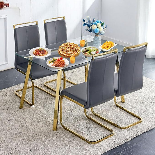 Dining Table Set of 4,51" Rectangle Tempered Glass Top with Golden Chrome Legs,Kitchen Room Table with 4 Grey Faux Leather Chairs,Dinner Table Set for Dining Room Office