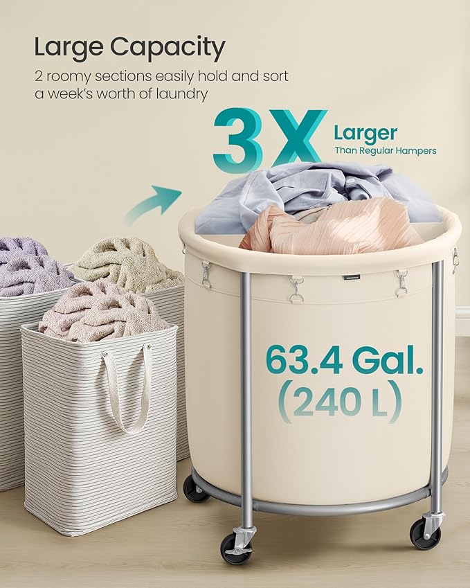 SONGMICS 63.5-Gallon (240 L) Laundry Basket with Wheels, Rolling Round Heavy-Duty Laundry Hamper Cart with Steel Frame and Removable Bag, 2 Locking Wheels, Cream White and Metallic Silver URLS012W01