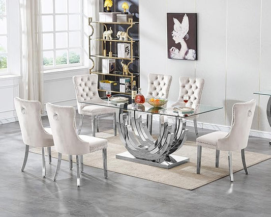 7 Piece Dining Table Set with 6 Beige Dining Chairs, Modern Glass Kitchen Table and Chairs Set for 6, 70" Rectangle Silver Glass Pedestal Dining Room Tables with Ring-Shape Stainless Steel Base