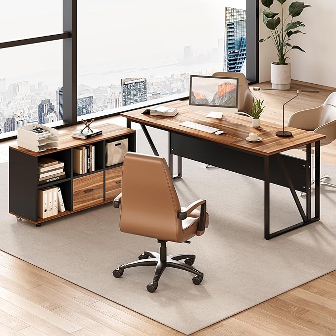 LITTLE TREE 63" Office Desk and 47" File Drawer Cabinet, Large Computer Desk, Study Writing Desk Workstation for Home Office