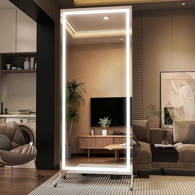 Hasipu Home Gym Mirror with Light 360° Swivel on Wheels, 79" x 32" Extra Large Full Length Rolling LED Mirror for Yoga Studio, Bedroom, Dancing Studio, White