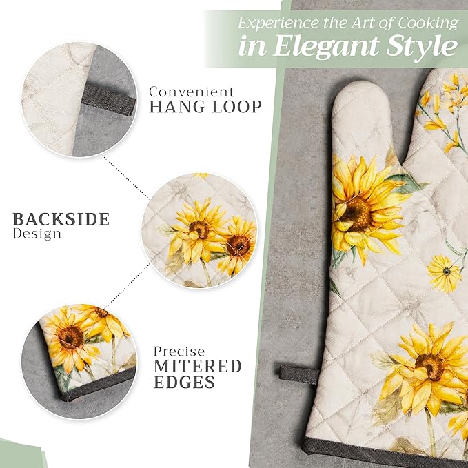 Maison d' Hermine 100% Cotton Oven Mitt & Pot Holder Set (7.5"x13" & 8"x8") Heat Resistant BBQ Cooking Gloves with Loop, Baking, Grilling, Kitchen, Handling Hot Pans Spring/Summer (Candice)