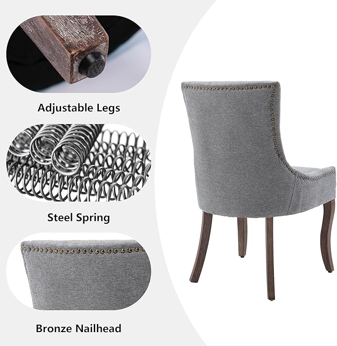 Farmhouse Dining Chairs Set of 4, Upholstered Fabric Dining Room Accent Chairs with Wood Legs & Bronze Nailhead, High Wingback Kitchen Chairs for Living Room Hotel Apartment, Gray