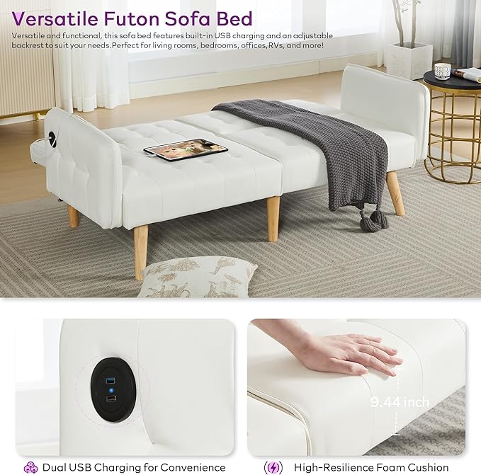 TYBOATLE Modern White Faux Leather Upholstered Convertible USB Folding Futon Sofa Bed, 65" Couch, Love Seats Furniture for Small Space Configuration, Apartment, Dorm, Living Room, Office