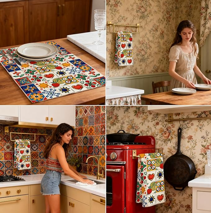 2-Pack Spanish Kitchen Towels, Mediterranean Colorful Tile Pattern Waffle Towels 16x24 Inch, Floral & Fruit Dish Towels Decor for Kitchen, Spanish Inspired Hand Towel for Bathroom Decor.