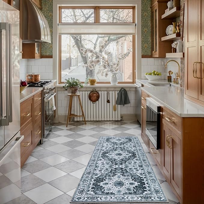 WILLSUN Washable Area Rugs, 2x6 Non-Slip Boho Area Rugs for Kitchen, Living Room, Bedroom, Machine Washable Vintage Rug, Indoor Floral Print Carpet for Home Decor, Kid & Pet Friendly Mat