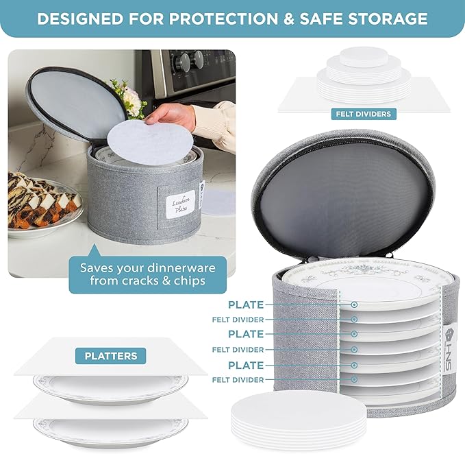 Hard Shell China Storage Containers 12-Piece Set Moving Boxes for Dinnerware, Glasses, Plates, Mugs and Saucers Sturdy Dish Organizer with Dividers for Seasonal Storage - Service for 12 - Grey