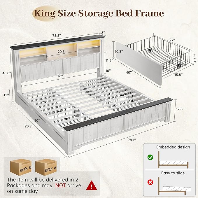 EnHomee King Bed Frame and Headboard, King Size Bed Frame with 4 Storage Drawers, King Bed with LED Lights & Charging Ports,No Box Spring Needed,NO Noise,Wooden, White