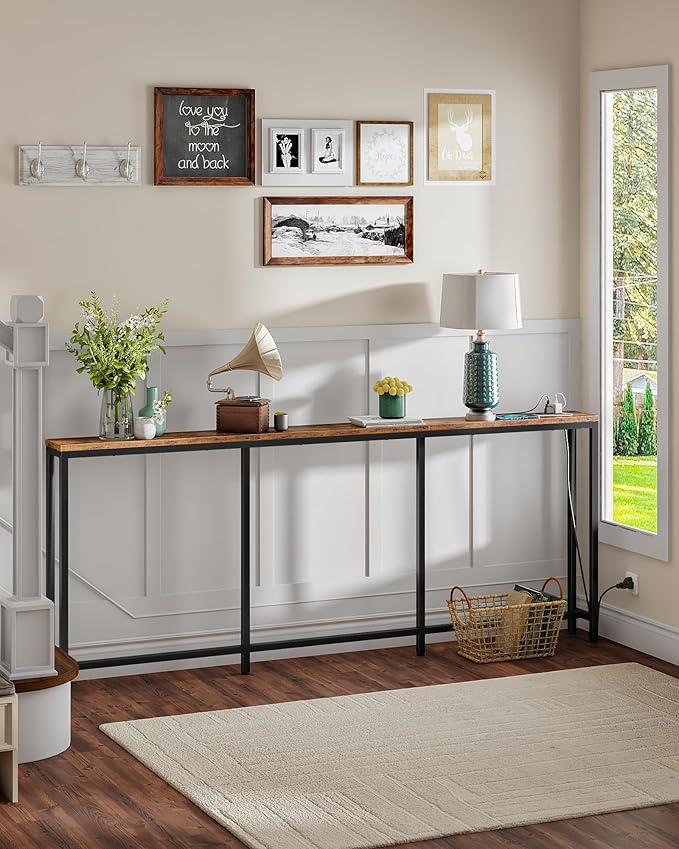 78.7" Console Table with Charging Station, Narrow Long Behind Couch Table, with 2 AC Outlets, 1 USB-A Port and 1 Type-C Port Rustic Brown and Black TXG30UBF