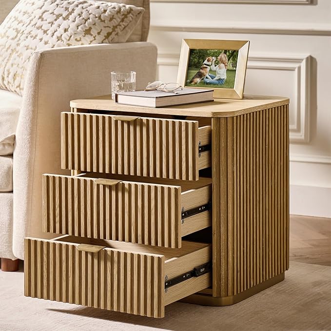 Fluted Nightstand with 3 Drawers, Modern End Table with Charging Station, USB Type-C Ports & Metal Frame for Bedroom,Natural