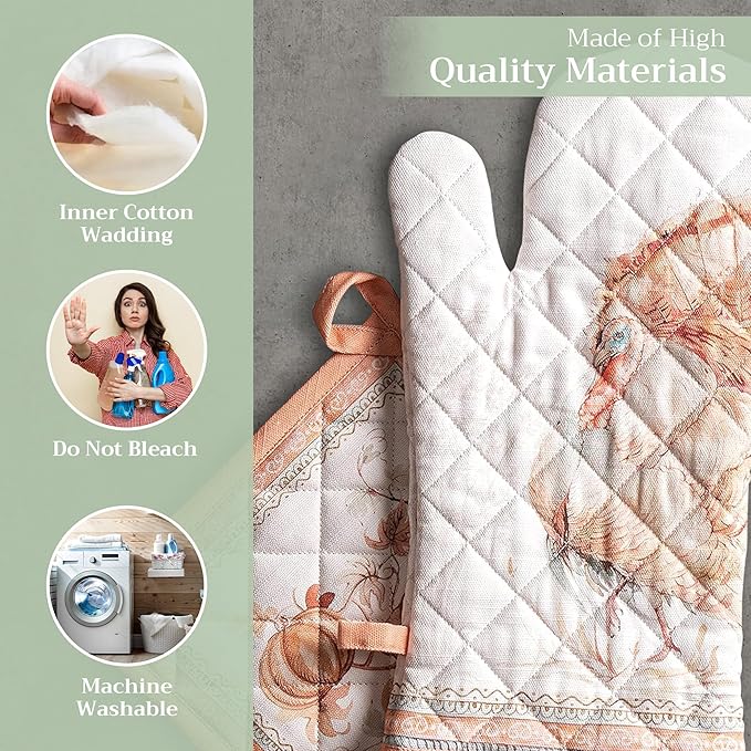 Maison d' Hermine 100% Cotton Oven Mitt & Pot Holder Set (7.5"x13" & 8"x8") Heat Resistant BBQ Cooking Gloves with Loop for Thanksgiving Christmas Decorations Handling Hot Pans (Giving Thanks)