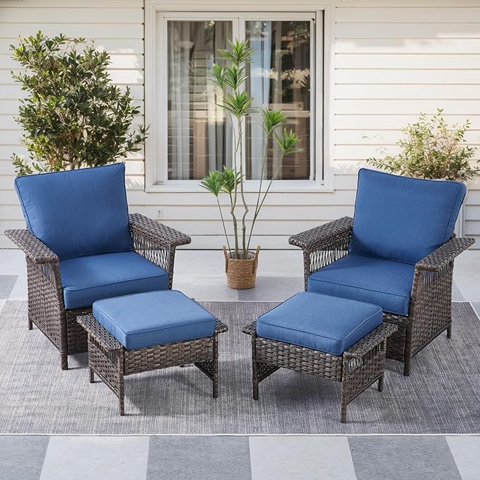 4 Pieces Wicker Patio Furniture Set - Hollow Widen Armrests Comfy Outdoor Rattan Chairs with Ottomans, Small Patio Convention Set for Balcony Porch Deck and Yard - Brown/Blue
