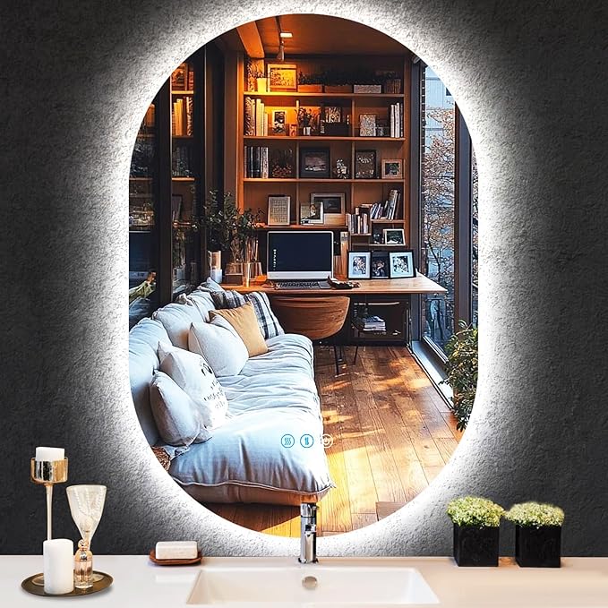 THEKLA 24 x 32 Inch Backlit Oval Lighted Vanity Mirror with Lights Smart Memory 3 Color Dimmable AntiFog 32" Frameless LED Oval Backlit Mirror for Bathroom Makeup Table Wall Vertical/Horizontal Mount