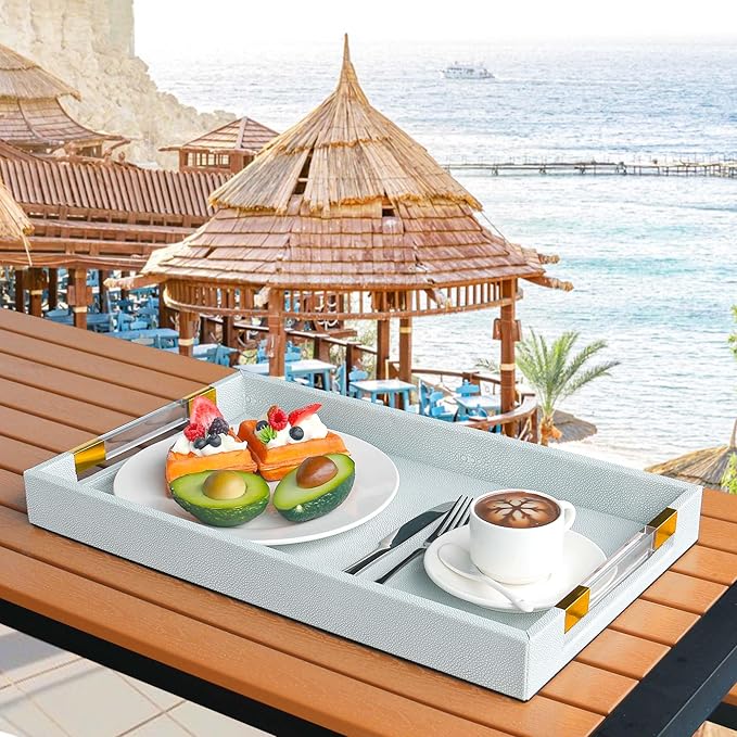 2 Pack Large Ottoman Tray Shagreen Decorative Tray Serving Tray with Acrylic Gold Handles, Ice Blue Vegan Leather Coffee Table Tray for All Occations Home Decor