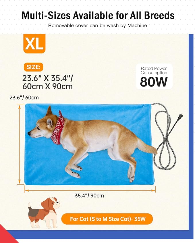 Outdoor Pet Heating Pad for Dog & Cat, Multi-Size Waterproof Heated Cat Dog Bed for Outside, Pet Heater Warmer Mat Blanket with Chew Resistant Cord for Senior Dog Cat House Whelping Box,Blue,24" x 36"