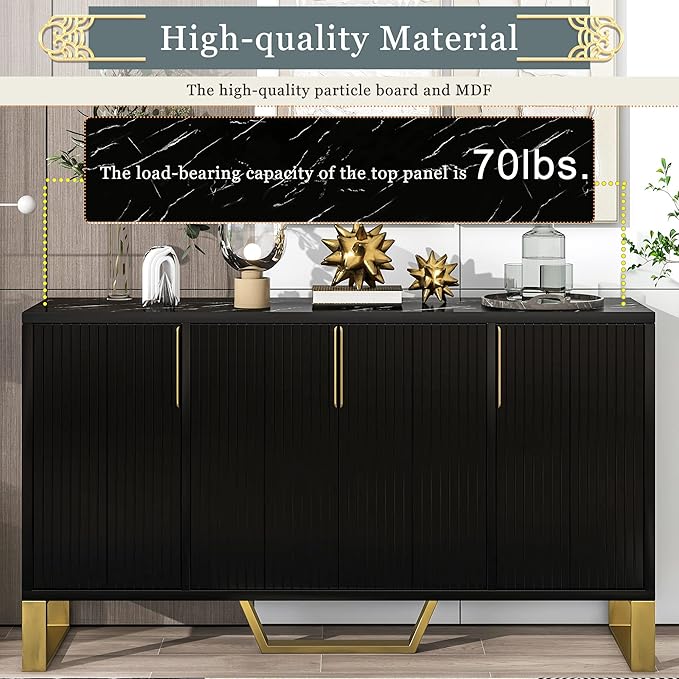 Modern 60'' Large Storage Cabinet Sideboard, Wooden Console Table Kitchen Buffet Cabinet with Metal Handles & Legs and Adjustable Shelves for Living Room Kitchen Entryway (Black-1)