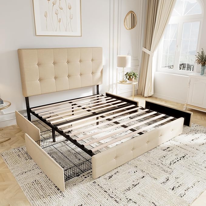 Allewie Upholstered Queen Size Platform Bed Frame with 4 Storage Drawers and Headboard, Square Stitched Button Tufted, Mattress Foundation with Wooden Slats Support, No Box Spring Needed, Beige