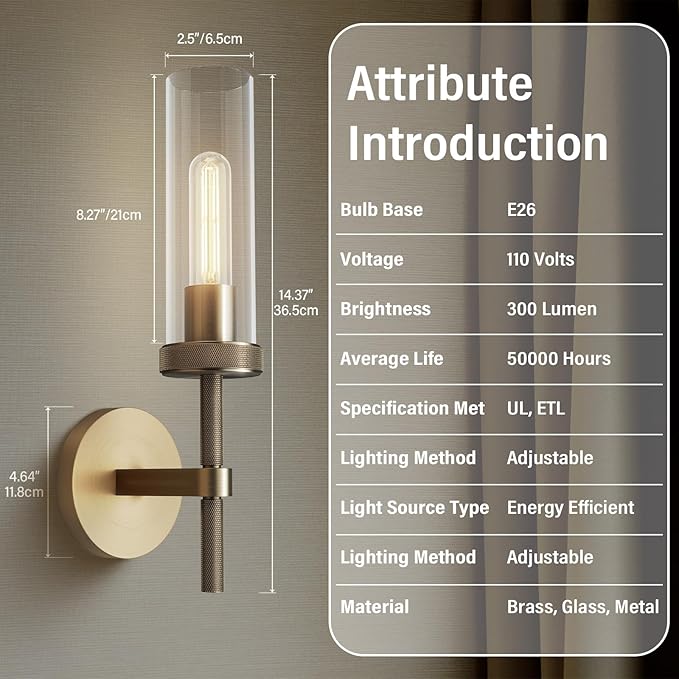 14" Bathroom Vanity Wall Sconces, Gold Wall Sconces Set of Two,Glass Tube Sconces Wall Lighting Indoors,Wall Lights for Mirror, Living Room, Bedroom, Hallway